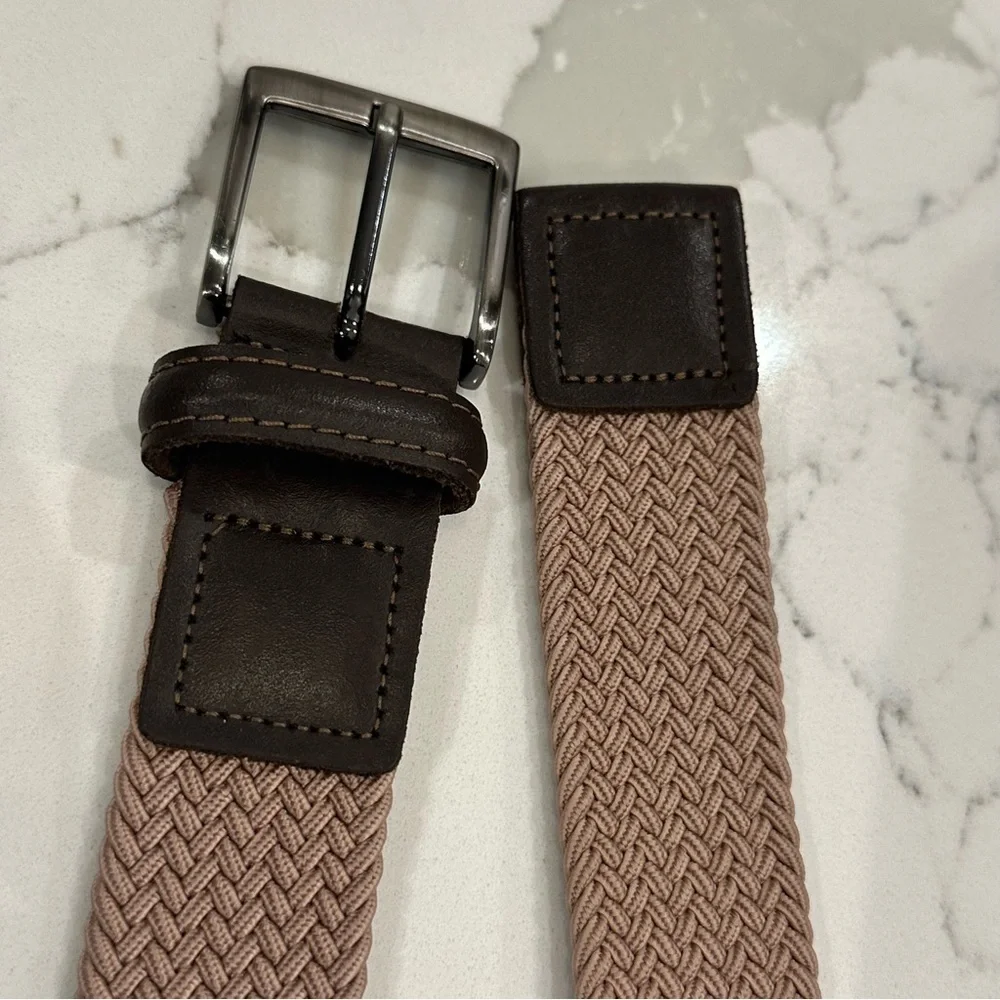 Men’s Beige Neutral Brown Woven Braided Leather Belt Classic Stretch Size 40